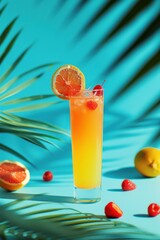 Wall Mural - Tropical freshness fruits beverage in tall glass on blue background.