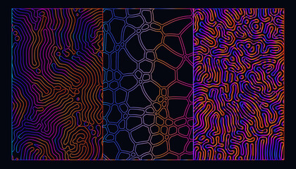 Fototapete - Set of holographic patterns with warped psychedelic pattern of colorful neon lines.