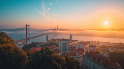 Sunrise over Historic Lisbon, The warm sunrise casting a golden light over the traditional architecture of Lisbon.