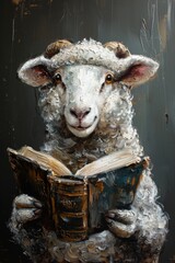 Wall Mural - An acrylic painting of a sheep reading a book, darkness, generated with AI