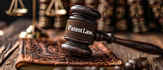 illustration design with a stylized gavel, an open book representing legal knowledge, and a subtle incorporation of patent-related symbols. Patent Law concept.
