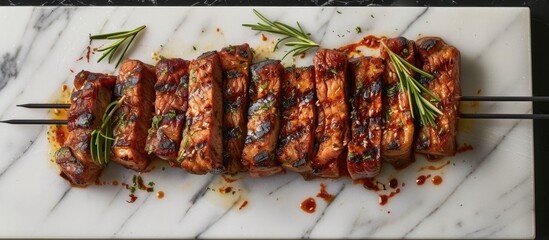 Canvas Print - A white plate holds succulent grilled pork belly slices covered in savory sauce, creating a delicious and appetizing meal. The meat glistens under the light, promising a flavorful dining experience.