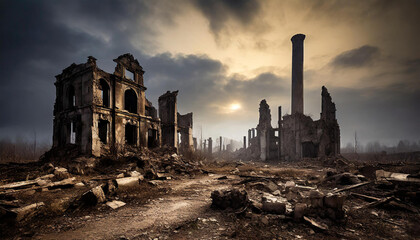 Post apocalyptic ruined city scape. Abandoned town with old broken buildings