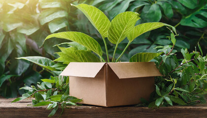 Brown cardboard box and leafy branches. Sustainable packaging with plants.