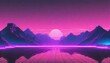 Synthwave retro cyberpunk style landscape background banner or wallpaper. Bright neon pink and yellow colors