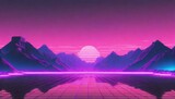 Fototapeta Sport - Synthwave retro cyberpunk style landscape background banner or wallpaper. Bright neon pink and yellow colors