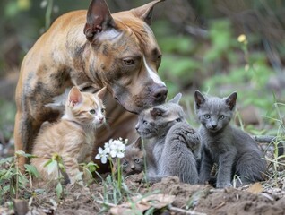 Wall Mural - Stunning high resolution photo of a light brown American Pit Bull Terrier and small kittens.