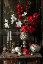 A Table With A Vase Of Red And White Flowers, A Candle, And A Small Ball