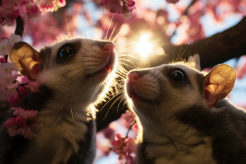 Wall Mural - Curious sugar gliders in sunlit forest canopy