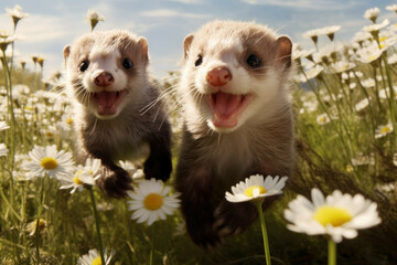 Wall Mural - Playful ferrets in blooming daisy field