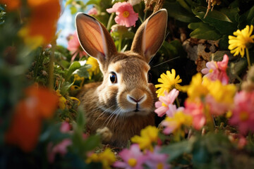 Sticker - Curious rabbit in a colorful spring garden