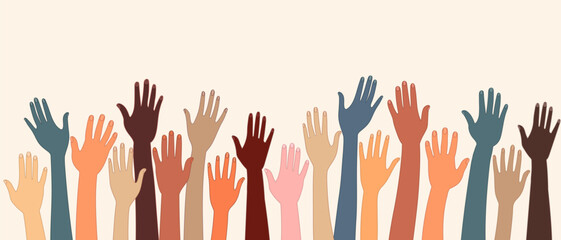 Poster - Group raised hand. Multicultural people. Racial equality. Men and women of different culture and nations. Coexistence harmony. Community. Diversity inclusion