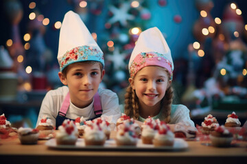 Wall Mural - Kids decorating New Year's Eve themed desserts with colorful frosting and sprinkles.