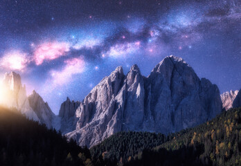 Wall Mural - milky way and beautifull rocks at starry night in summer in dolomites, italy. landscape with blue sk