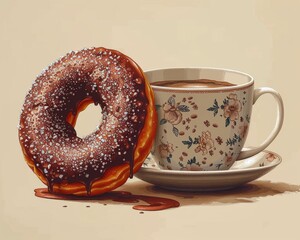 Wall Mural - Glazed Chocolate Doughnut with Sprinkles Beside a Vintage Floral Cup of Hot Coffee on a Beige Background