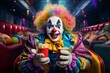 © katrin888 - A sinister clown with red nose and colorful wig holds two popcorn buckets in a dark theater, ready to scare with an evil grin under a spotlight, surrounded by plush red seats and curtains.