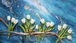 blue marble surface with wood branches and white tulip flowers symbol of forgiveness and respect,copy space for text