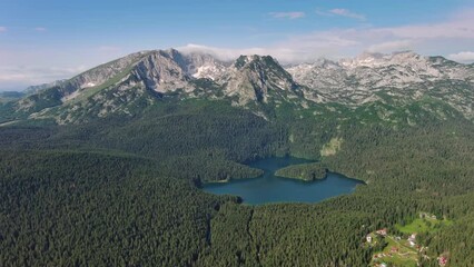 Wall Mural - aerial view of famous black lake in mountain durmitor park at summer, montenegro, 4k