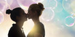 lesbian couple kissing on soft color gradient soap bubbles,love,dating,relationship,Valentine's day concept