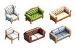 Set of isometric furniture sofa and armchair. 3d rendered image. Transparent background