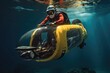 Exploring the deep blue: divers and underwater scooters amidst coral reefs and seabed