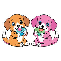 Poster - two puppies eating doughnut, vector illustration