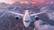 Stylish passenger airplane gliding in colorful sunset sky, forming a captivating panoramic scene.
