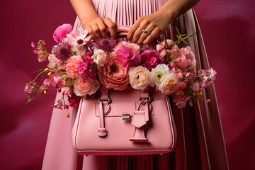 Woman holds flowers in a bag. Beautiful spring or summer flowers bouquet.