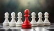 © juanorihuela - A red chess pawn stands out in the middle of a row of white pawns. Leadership concept.