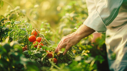 A chef gathers fresh vegetables on a farm, highlighting the farm-to-table connection with vibrant produce and natural surroundings.