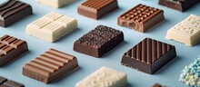 A Variety Of Different Types Of Chocolate Bars Are Neatly Arranged On A Blue Table. The Chocolate Bars Have Various Flavors And Textures, Ranging From Dark Chocolate To Milk Chocolate. Some Bars Are
