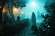 A ghost on a graveyard in misty weather at night.