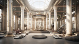 A gym interior inspired by ancient Rome, with Roman column architecture and gladiator-themed workout areas.