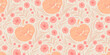 Seamless pattern with two cute cats, leaves and flowers in trendy peach color palette