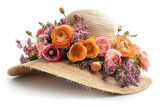 Fototapeta Tęcza - A cute handmade Easter bonnet hat covered with spring flower decorations