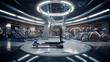 A gym interior inspired by a futuristic spaceship, with LED lighting and sleek, metallic equipment.