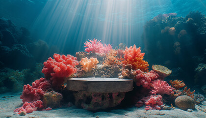 Wall Mural - podium underwater themed coral reef background 