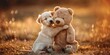 Golden retriever puppy hugs a teddy bear in a grassy field