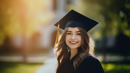 Wall Mural - A happy European woman in graduation attire, celebrating education success. Ai generative illustration