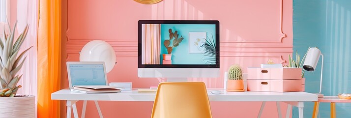 Wall Mural - Pastel home office concept with computer on a desk and chair. feng shui interior design in bright spring colors