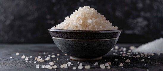 Wall Mural - A bowl filled with rice is placed on top of a table. The rice grains are visible, and there is a sprinkling of textured sea salt on the bowl. The table is against a dark backdrop.