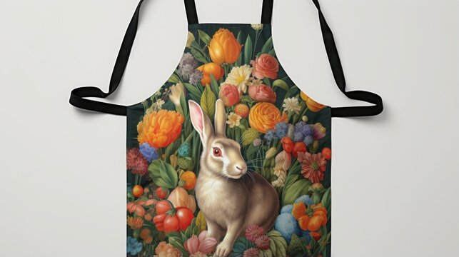 Cute bunny sits in a lush garden filled with vibrant flowers and ripe fruits. The perfect apron for any gardener or nature lover.