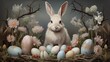This image is of a white rabbit sitting in a nest of Easter eggs. The rabbit is surrounded by flowers and has a gentle expression on its face.