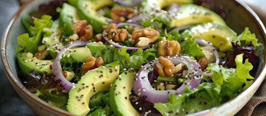 Wall Mural - A detailed view of a nutritious salad in a bowl, featuring vibrant avocado slices, blue onion, and crunchy walnuts. This appetizing dish is ideal for fitness enthusiasts and vegans seeking a healthy