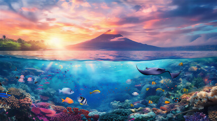 Wall Mural - half underwater scene in bay with stingray, colorful fishes and coral, volcano mountain above the sea at sunrise