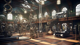 A gym interior inspired by the concept of time travel, using elements from different historical eras.
