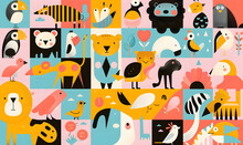The Geometric Flat 2d Illustration Features An Assortment Of Animals, In The Style Of Bold Graphic Shapes,