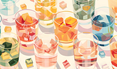 Flat 2D geometric illustration features a variety of glasses filled with chemicals