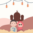 character cute ramadhan concept illustration happy muslim celebrate holy month ramadhan mosque sillhouette vector illustration