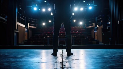 Wall Mural - A performer stands in silhouette on a theater stage, spotlights casting a dramatic scene